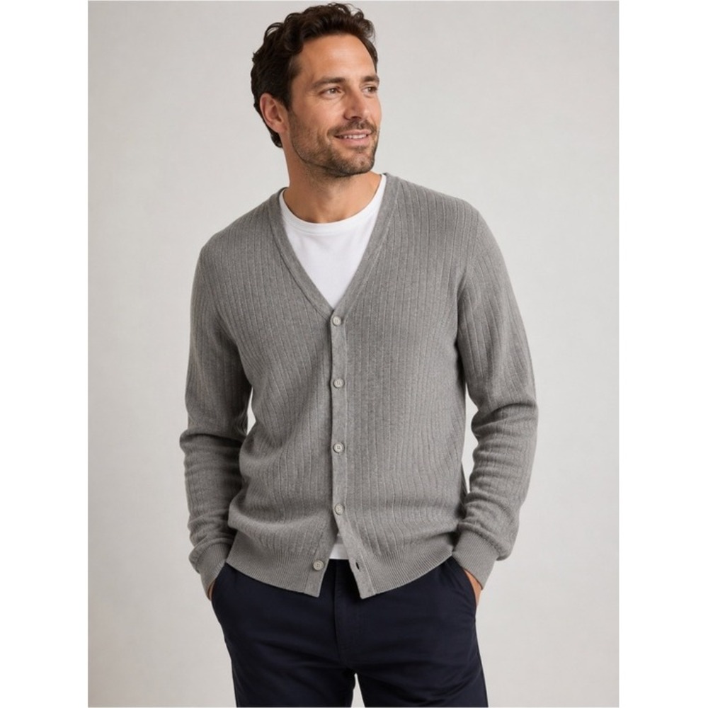 ALFANI.‎ Heather Gray, Ribbed V-Neck, button down, cardigan. Size L.